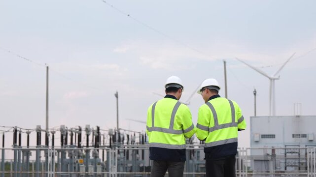 Focused Asian technical crew members discussing alternative ecological electricity station project. Two male safety engineers tracking green wind power system performance.