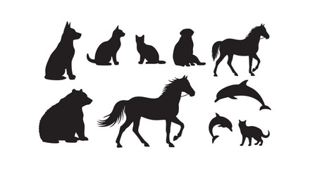 Obraz premium Animal silhouette collection, dog cat horse dolphin bear flat vector illustration isolated on white background.