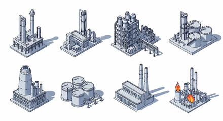 Collection of isometric industrial factory buildings and structures, representing various industrial processes and manufacturing. © Slamet