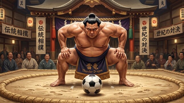 Surreal cultural mashup digital artwork portraying ancient traditional sumo wrestlers playing an energetic game