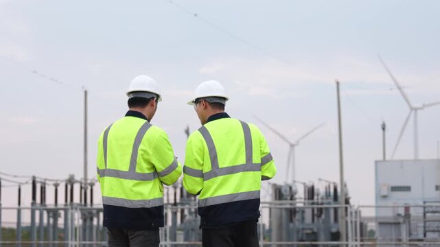 Aged Asian industrial operators walking near high voltage green electricity substation layout. Two safety engineering experts evaluating alternative renewable power system.