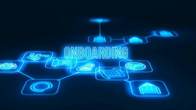 Animated onboarding process with glowing icons representing various functions and features. Essential for enhancing user experience in digital applications