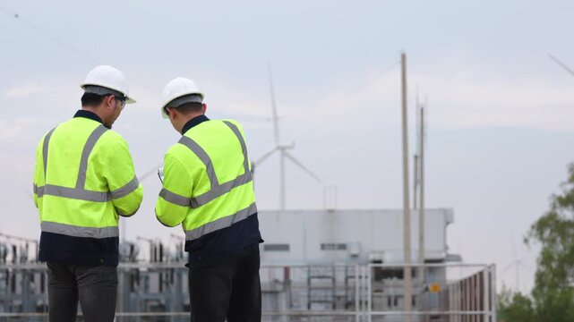 Two Asian male utility personnel inspecting green windmill farm network grid station outdoor. Technical engineering managers reviewing sustainable clean electricity system.