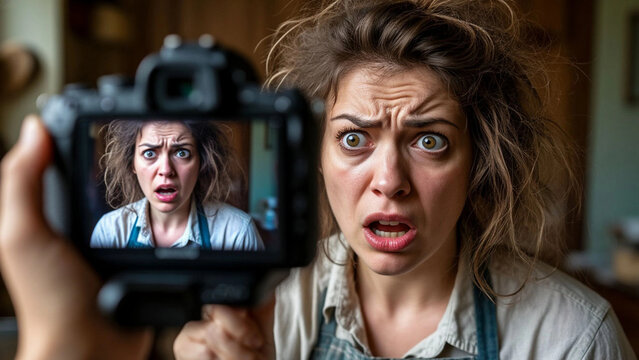 Disheveled Woman Unprepared Being Badly Photographed in Kitchen &ndash; Awkward Candid Lifestyle for Humor