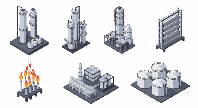 Set of isometric industrial refinery and petrochemical plant icons, including distillation columns, storage tanks, and flare stacks.