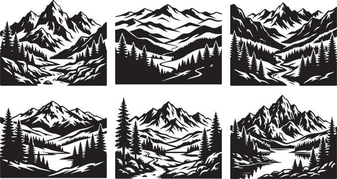 Mountain landscape vector icons, black and white, 6 pcs, illustration set