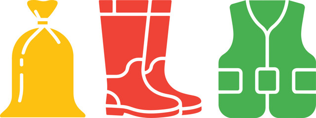 Fototapeta premium Safety equipment bag rubber boots and reflective vest icons set, featuring industrial protective gear elements in colored style