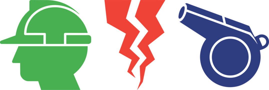 Green construction worker head silhouette, red jagged lightning bolts, and blue referee whistle flat icons set in solid style