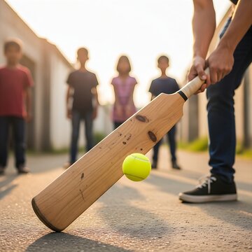  wooden bat making contact with a tennis ball in a local lane. In the background, diverse children are fielding, rendered in soft focus. Highlighting social inclusion and grassroots sports. Bright aft