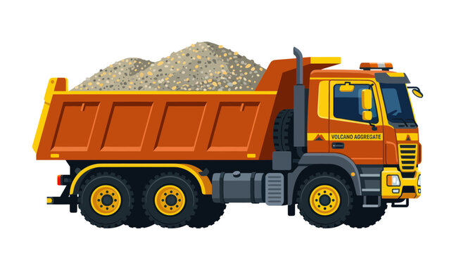 Orange tipper truck carrying crushed stone for construction