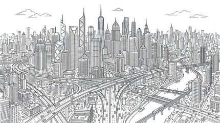 Fototapeta premium Modern city skyline with complex highway interchanges and roads