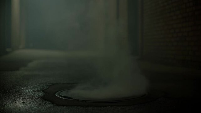 Steam rising from a manhole cover in a dimly lit alleyway. Creates a mysterious urban atmosphere, evoking intrigue and suspense