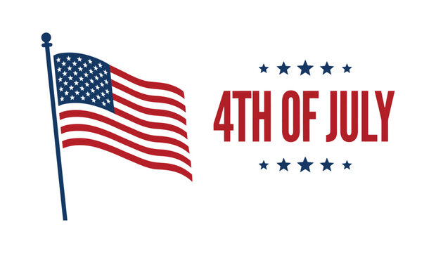 Fourth of july waving flag on pole with bold red typography and stars on white background