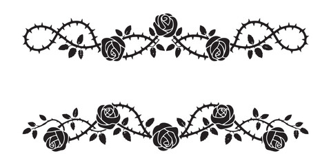 Set of black rose and thorny vine border dividers for vintage gothic style wedding invitation designs. © Labib