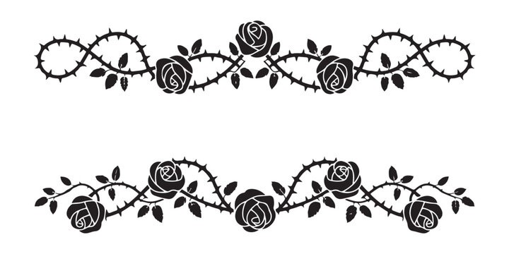 Set of black rose and thorny vine border dividers for vintage gothic style wedding invitation designs.