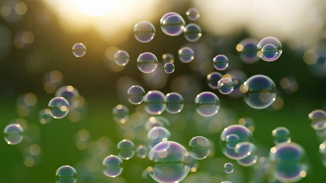 Floating soap bubbles glistening in the sunlight against a blurred green background. Represents joy, playfulness, and the essence of childhood memories