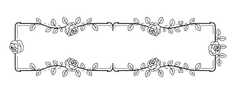 Black floral frame with roses and leaves line art vector illustration, decorative element for text design.