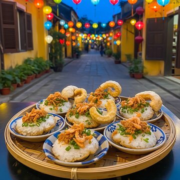  dish of crisp, golden-brown Banh Beo steamed savory rice cakes in small ceramic saucers, topped with minced dried shrimp, scallion oil, and crispy pork rinds, arranged on a table in a Hoi An alley gl