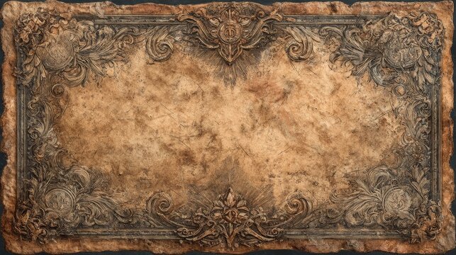 Dark fable parchment border with aged paper texture and ornate distressed edges, vintage fantasy manuscript style for storytelling or book design.