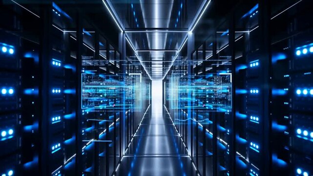 Futuristic data center corridor with glowing blue lights and digital interfaces. Represents advanced technology and data management solutions
