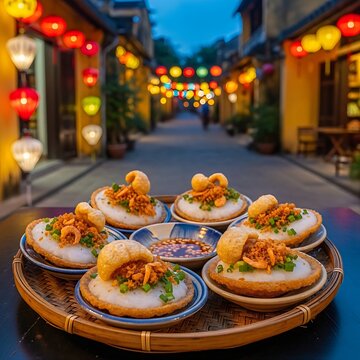  dish of crisp, golden-brown Banh Beo steamed savory rice cakes in small ceramic saucers, topped with minced dried shrimp, scallion oil, and crispy pork rinds, arranged on a table in a Hoi An alley gl