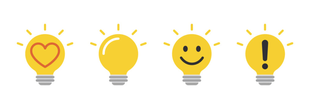 Yellow light bulb icon set with heart smile exclamation symbols on white background design