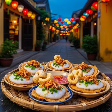  dish of crisp, golden-brown Banh Beo steamed savory rice cakes in small ceramic saucers, topped with minced dried shrimp, scallion oil, and crispy pork rinds, arranged on a table in a Hoi An alley gl