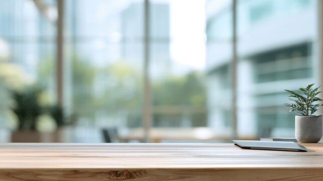 Modern workplace with a wooden desk, glass window view, and decorative plant in bright office setting