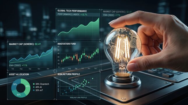 Futuristic financial dashboard showing global tech performance, asset allocation charts