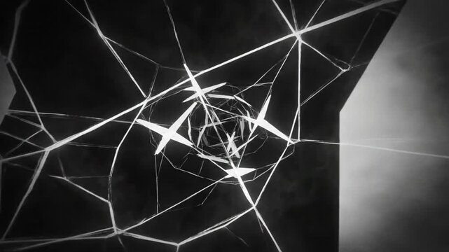 Abstract White Lines and Broken Glass Effect with Smoke Texture, Minimalist Animation, Dark Monochrome Background