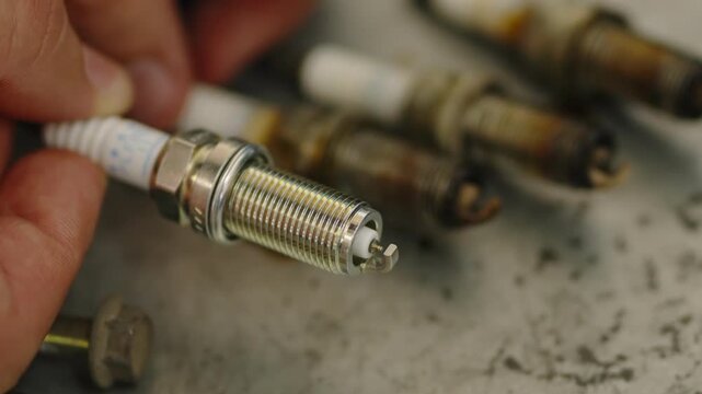  A hand holds a shiny new car spark plug next to three old dirty ones.