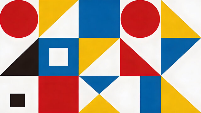 Modern abstract geometric pattern featuring bold red circles blue squares and yellow triangles on a clean white flat background surface