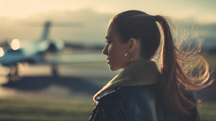 Obraz premium Woman sunset airplane