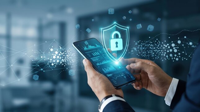 Smartphone with Cyber Security Shield and Lock Icon, Data Protection Concept, Encrypted Mobile Device, Privacy Safeguard Technology, Biometric Authentication