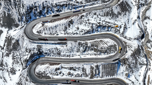 Los Caracoles highway road near Santiago Chile in aerial view. Snow highway road. Vertical video