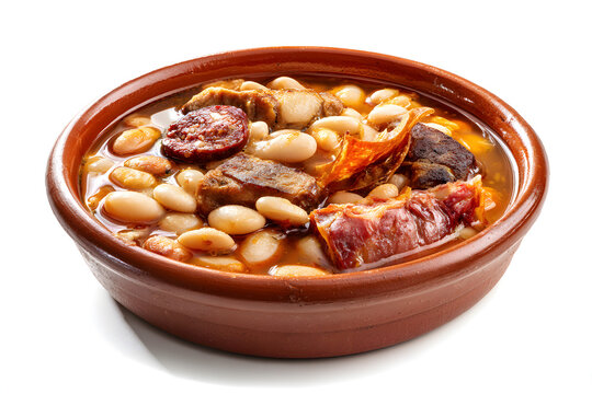 Full Plate of Traditional Asturian Fabada with Beans and Meats in a Rustic Ceramic Dish