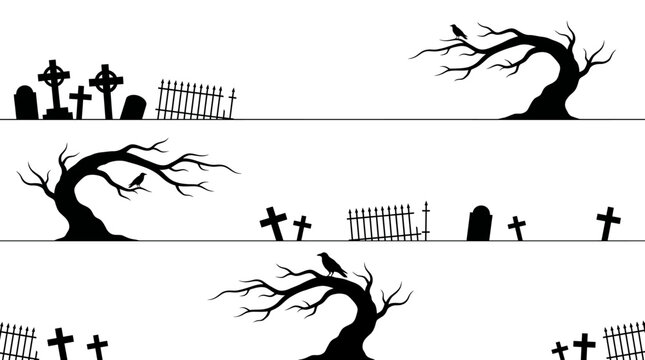 Seamless pattern of spooky graveyard silhouettes featuring bare trees, gravestones, crosses, and crows on a white background.