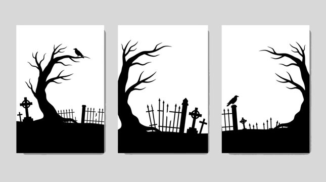 Three spooky graveyard silhouettes with bare twisted trees, tombstones, fences, and crows on a stark white background.