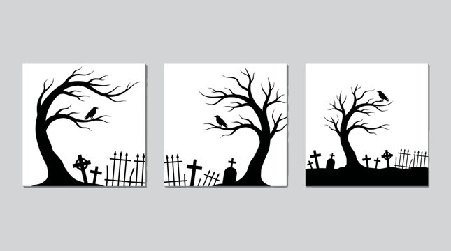 Three graphic silhouette illustrations depicting spooky bare trees, crows, and gravestones in an eerie Halloween setting.