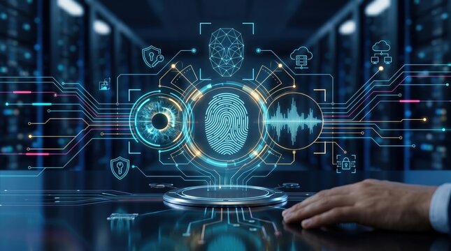 Futuristic biometric security system concept featuring digital fingerprint scanner, iris recognition, voice wave analysis, face geometry mapping, cloud computing icons