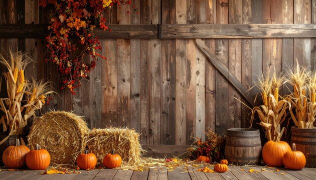 Rustic barn background featuring pumpkins, hay bales, corn stalks, fall leaves, and a wooden floor