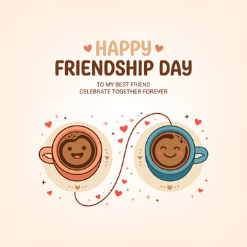 Cute friendship day card illustration with two smiling coffee cups connected by thread and hearts on light background warm message for best friend celebrate together forever graphic art design.