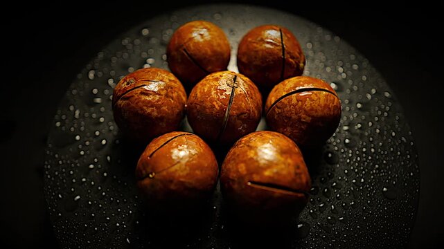 50p close up shot of macadamia nuts rotating to reveal natural texture