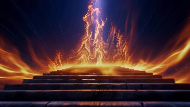 Stone Staircase Dissolving into 3D Sound Wave Light Forms in Concert Space