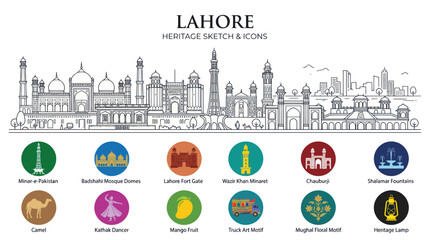 Obraz premium Lahore city skyline sketch and cultural heritage icons set