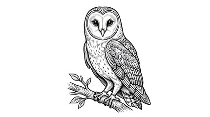 Majestic barn owl perched on a leafy tree branch in line art style © nero