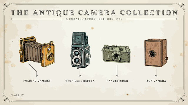 Vintage camera collection with four antique models