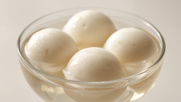 Close-up of traditional indian rasgulla sweet balls soaked in sugar syrup in a clear glass bowl with indian dessert cheese balls sweet dish milky sweet bengali dessert indian sweets white desser