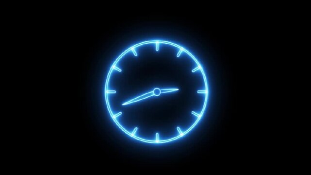 a blue neon speedometer dial with a moving needle against a dark background representing speed and measurement in a continuous loop animation