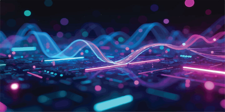 Neon digital signal waves flowing over circuit board processor with electronics technology processor futuristic connection hardware computer communication internet innovation computing